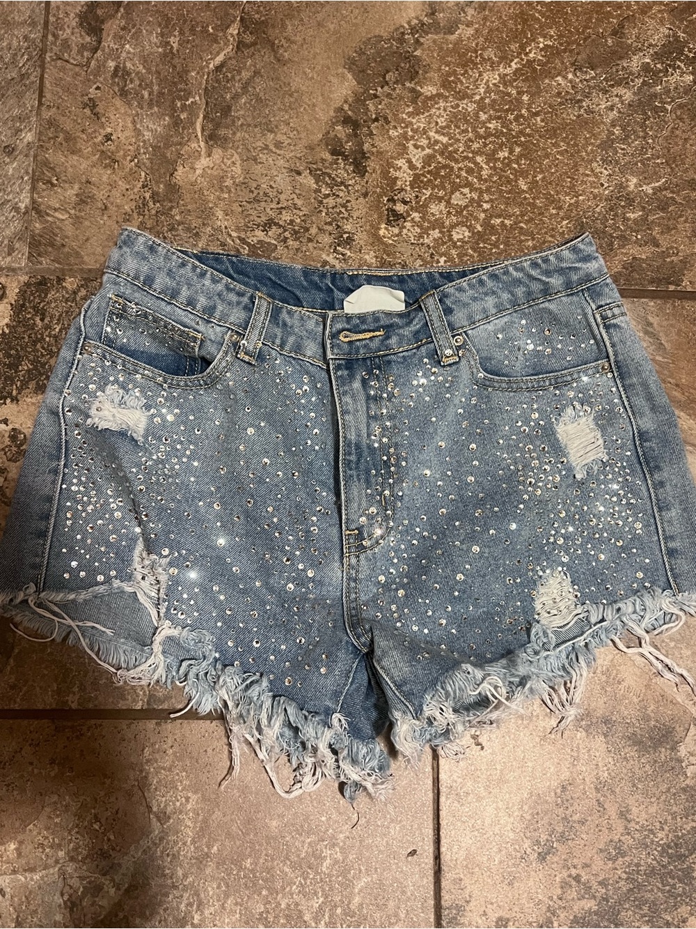 Studded Distressed Light Blue Denim Shorts - Women's